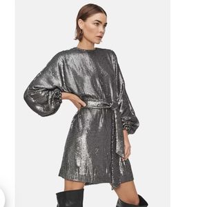 Anine Bing Silver Sequin Long Sleeve Mini Dress Small NWT